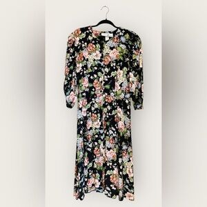 🌸 Vintage Jonathan Martin Black Floral Midi Dress | Romantic Long Sleeve